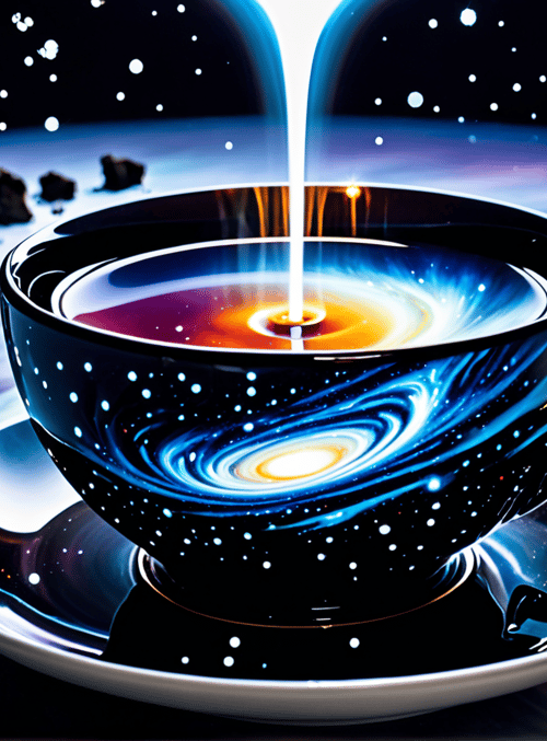 cup, galaxy, stars, asteroids, pouring, saucer
