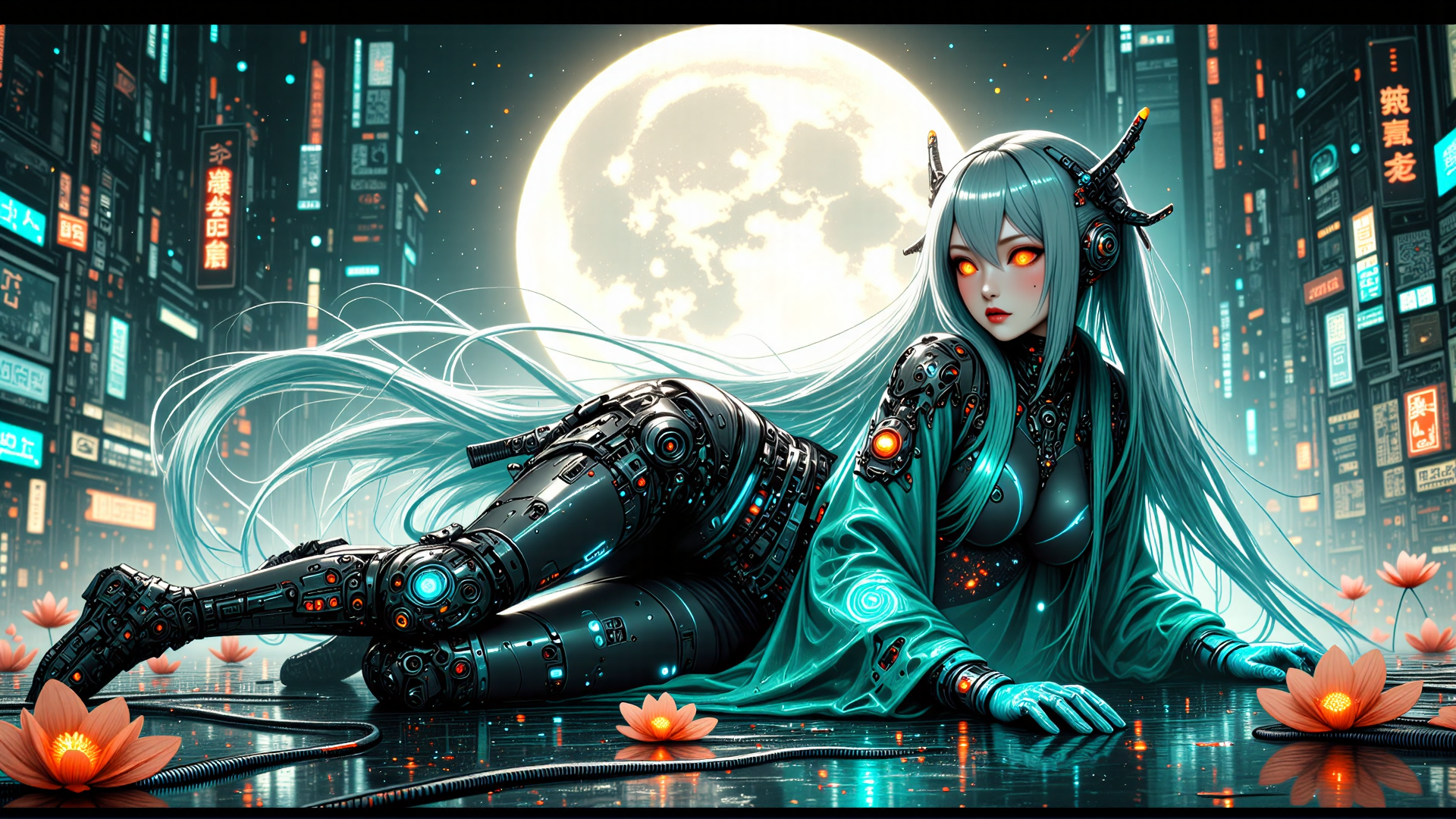 AI generated wallpaper featuring cyborg, girl, robot, neon, city, moon, flowers