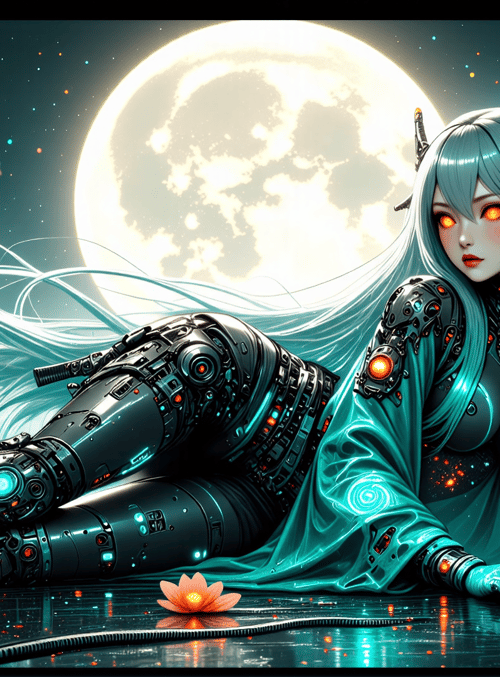 cyborg, girl, robot, neon, city, moon, flowers