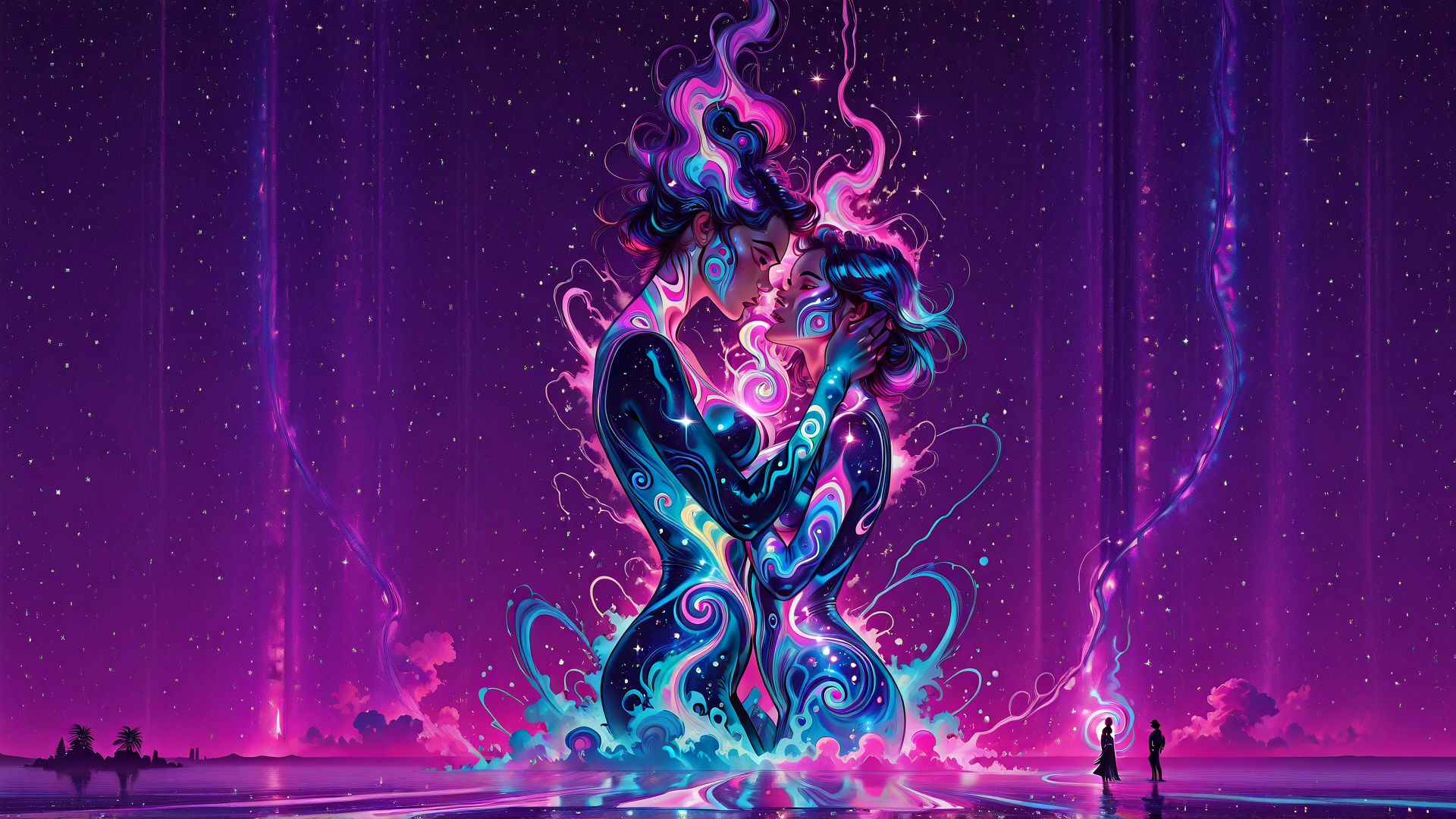 AI generated wallpaper featuring couple, aurora, stars, water, silhouettes, figures, cosmic, patterns, dancers, glow