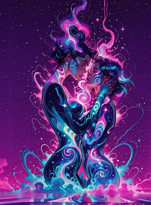 couple, aurora, stars, water, silhouettes, figures, cosmic, patterns, dancers, glow
