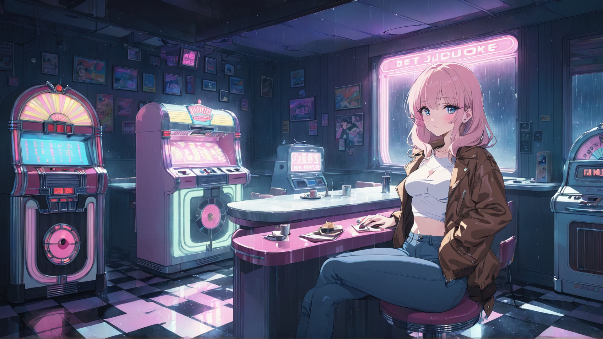 AI generated wallpaper featuring girl, jukebox, bar