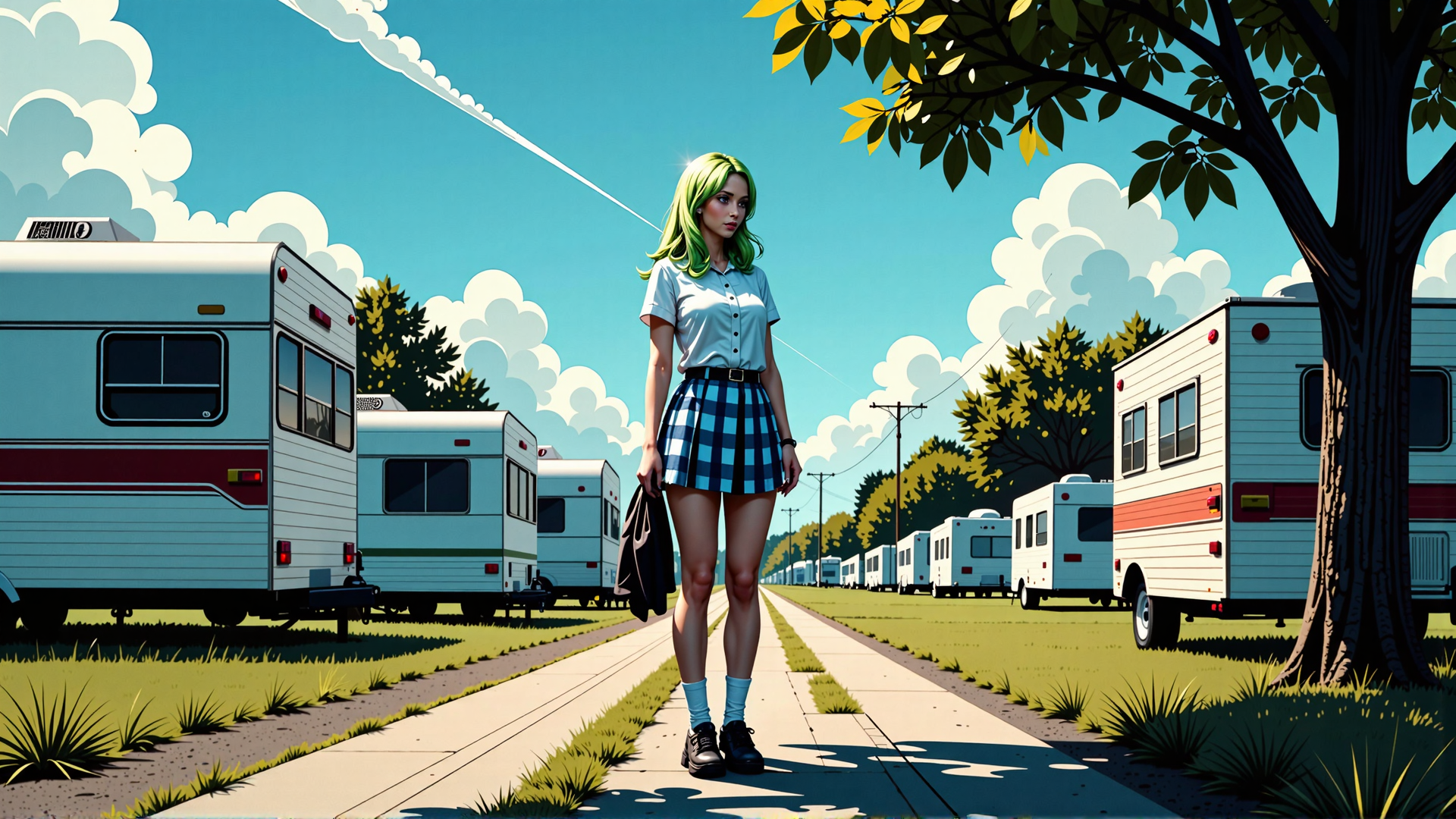 AI generated wallpaper featuring woman, RVs, path, trees, clouds