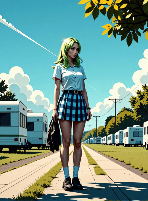 woman, RVs, path, trees, clouds
