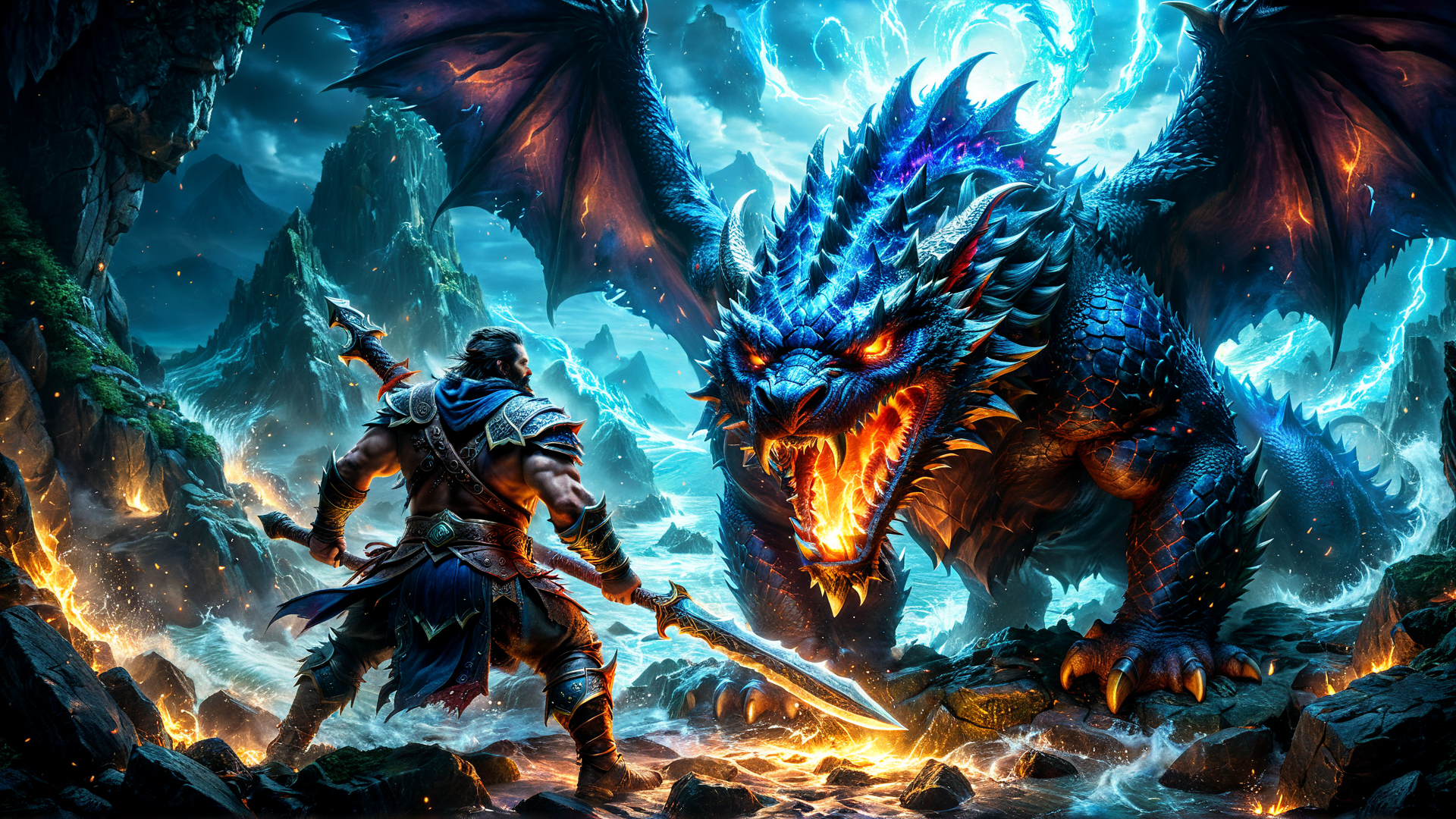 AI generated wallpaper featuring dragon, warrior, sword, mountains, rocks, fire, water, lightning, armor, battle