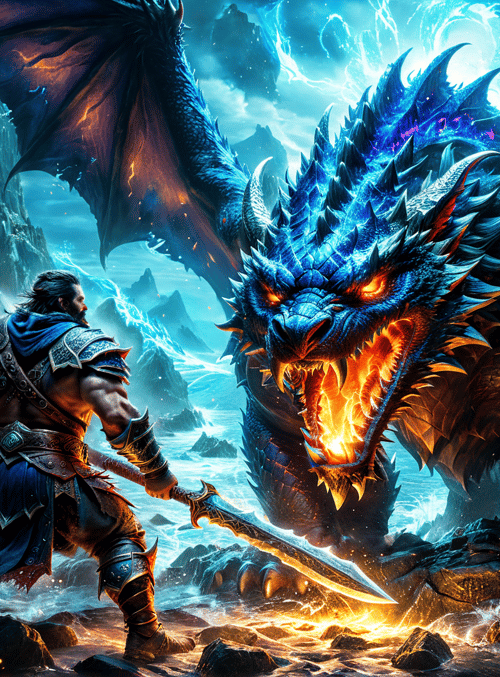 dragon, warrior, sword, mountains, rocks, fire, water, lightning, armor, battle