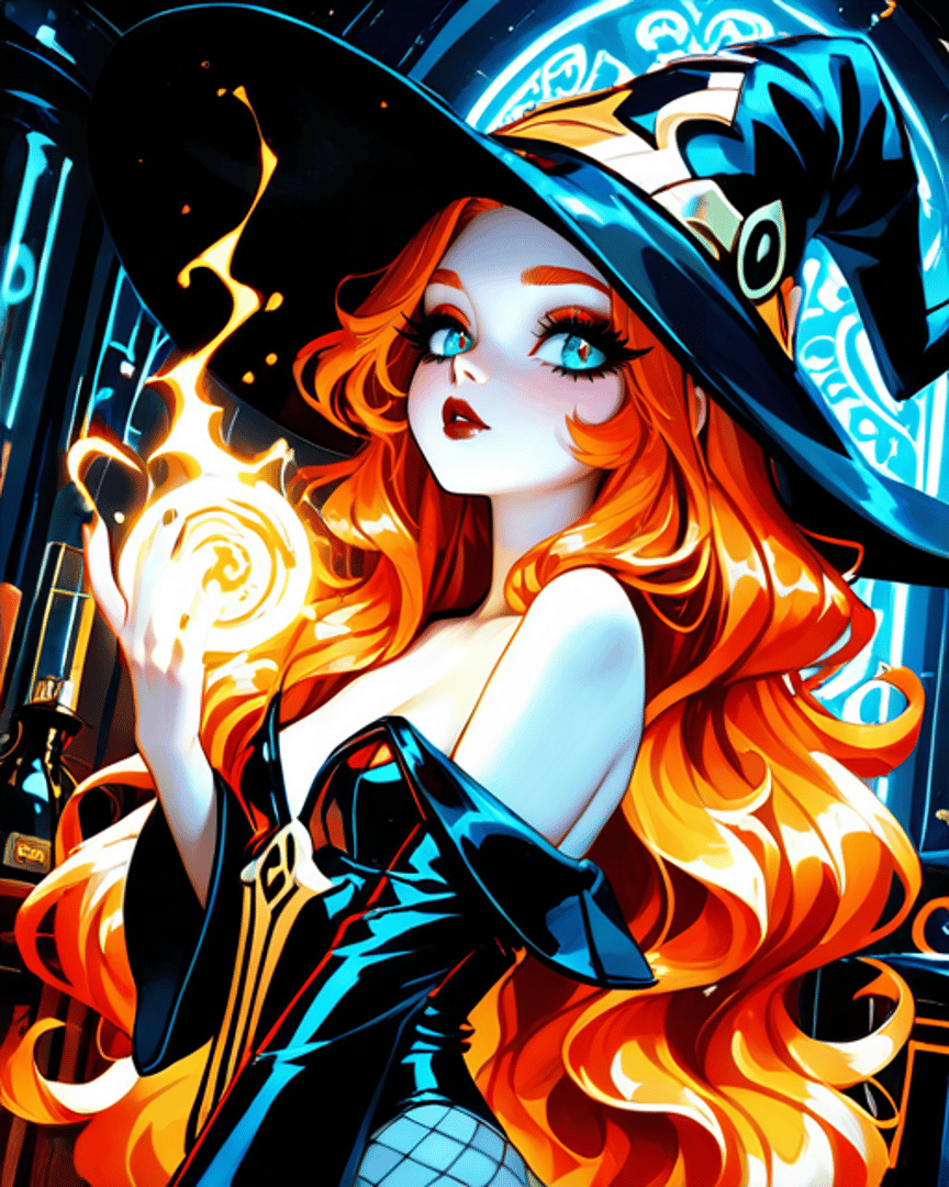 AI generated wallpaper featuring witch, wizard, girl, magic, fire, hat, hair