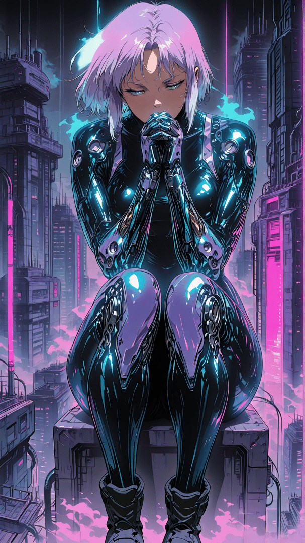 AI generated wallpaper featuring cyborg, woman, cityscape