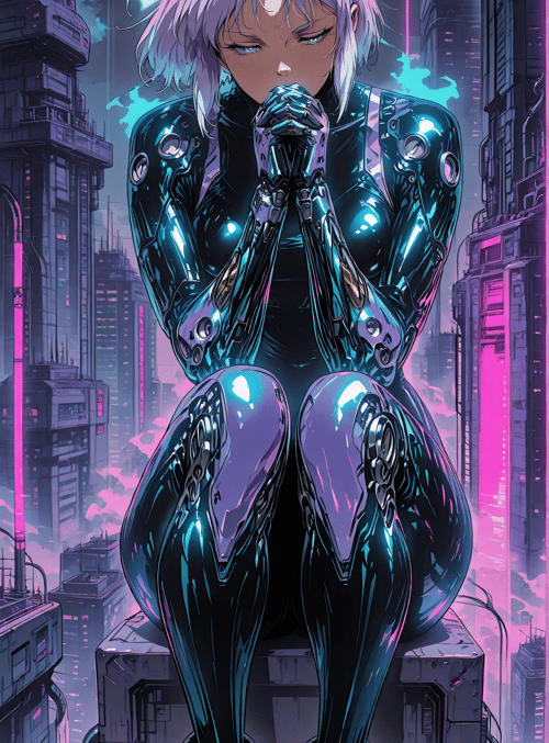cyborg, woman, cityscape