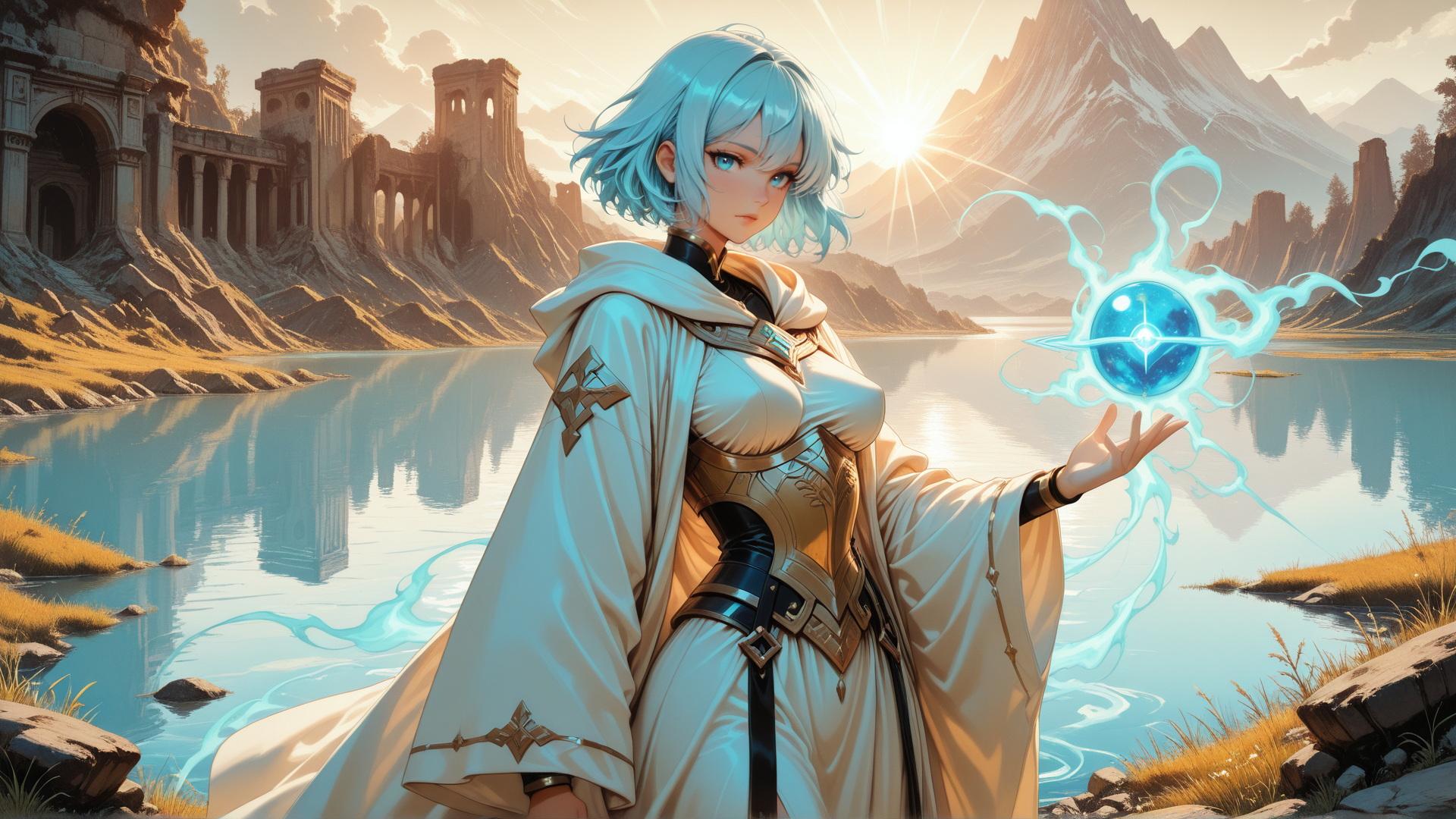 AI generated wallpaper featuring mage, ancient ruins, glowing orb, lake, mountains