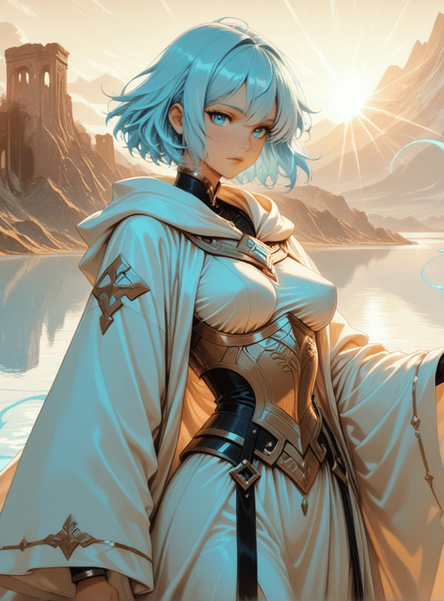 mage, ancient ruins, glowing orb, lake, mountains