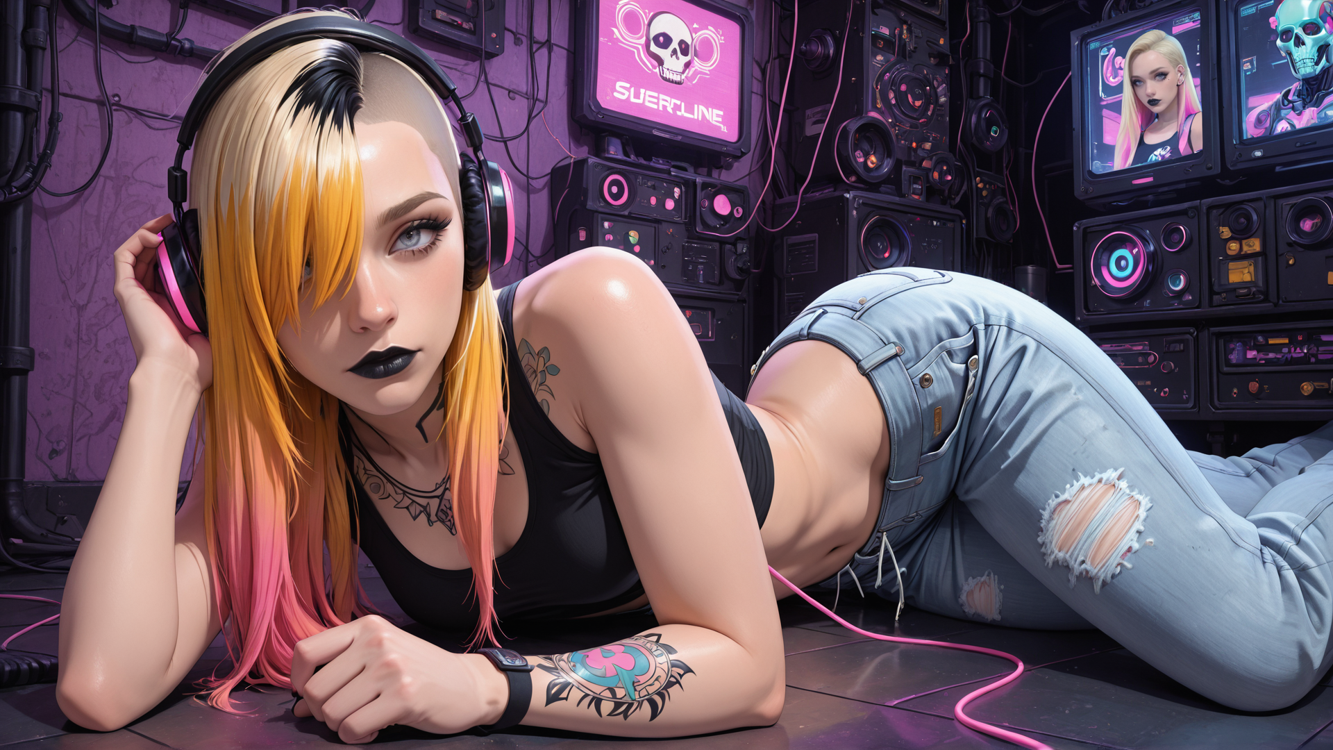 AI generated wallpaper featuring woman, headphones, tattoos, jeans, tank top, gaming setup, monitor, skull logo, circuit board