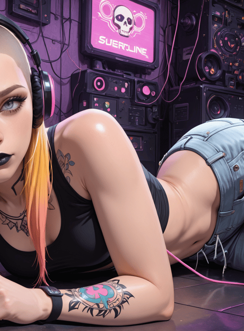 woman, headphones, tattoos, jeans, tank top, gaming setup, monitor, skull logo, circuit board