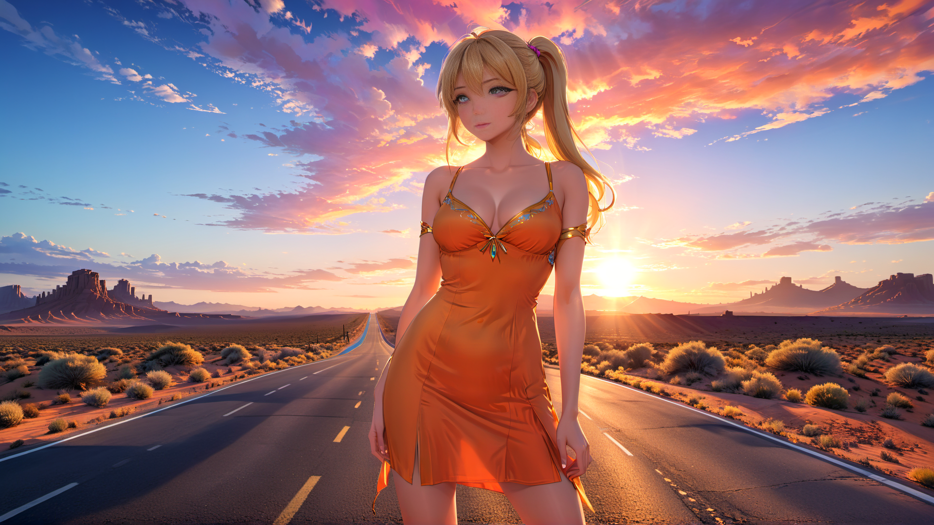 AI generated wallpaper featuring woman, road, desert