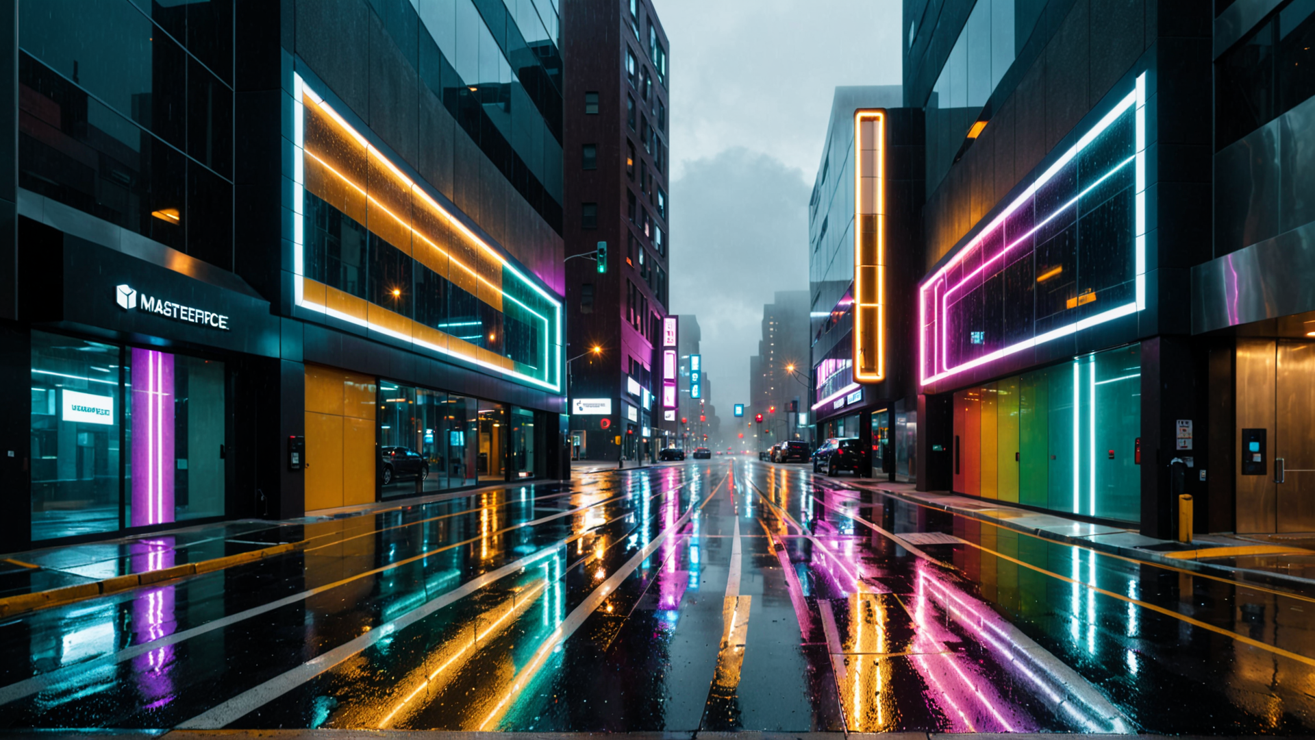 AI generated wallpaper featuring city street, neon lights, buildings, rain, cars, reflective pavement