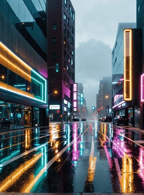 city street, neon lights, buildings, rain, cars, reflective pavement