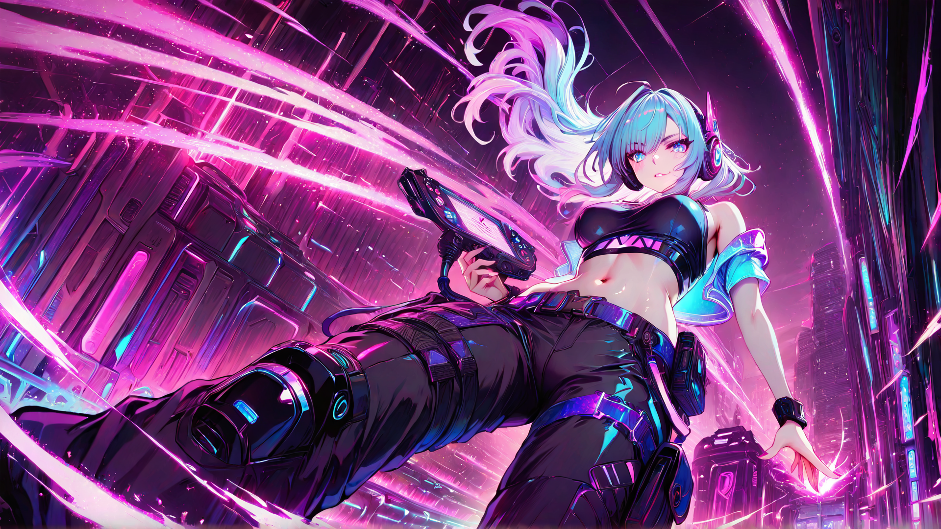 AI generated wallpaper featuring cyberpunk, woman, gun