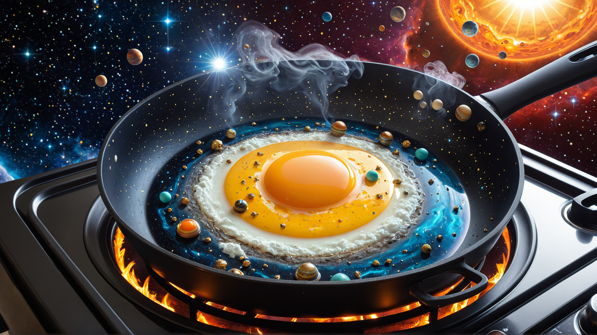 AI generated wallpaper featuring egg, universe, pan