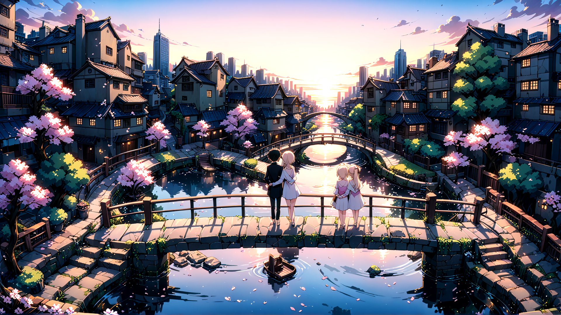 AI generated wallpaper featuring people, bridge, cherry blossoms
