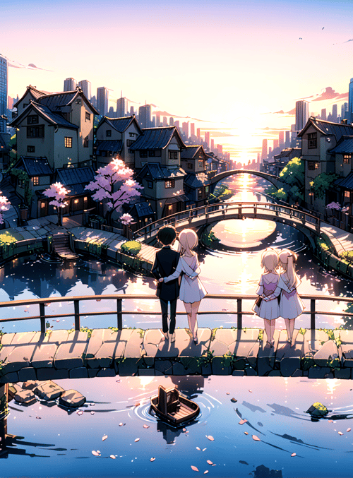 people, bridge, cherry blossoms