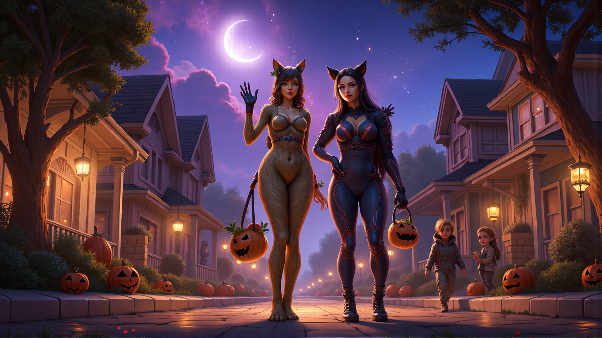 AI generated wallpaper featuring girls, fox ears, pumpkins, houses, children