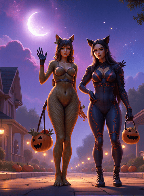 girls, fox ears, pumpkins, houses, children