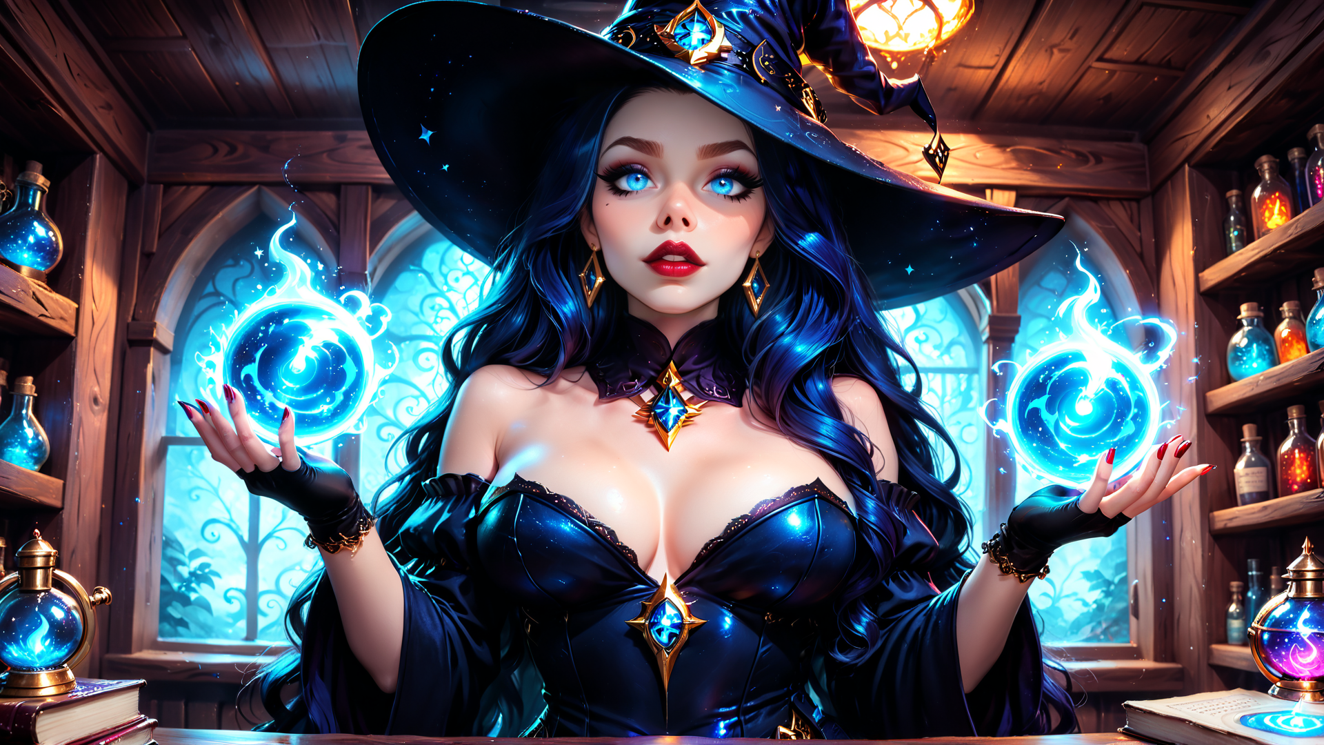 AI generated wallpaper featuring witch, magic, crystal, bottles, books, hat, gloves, lamps, window, scroll