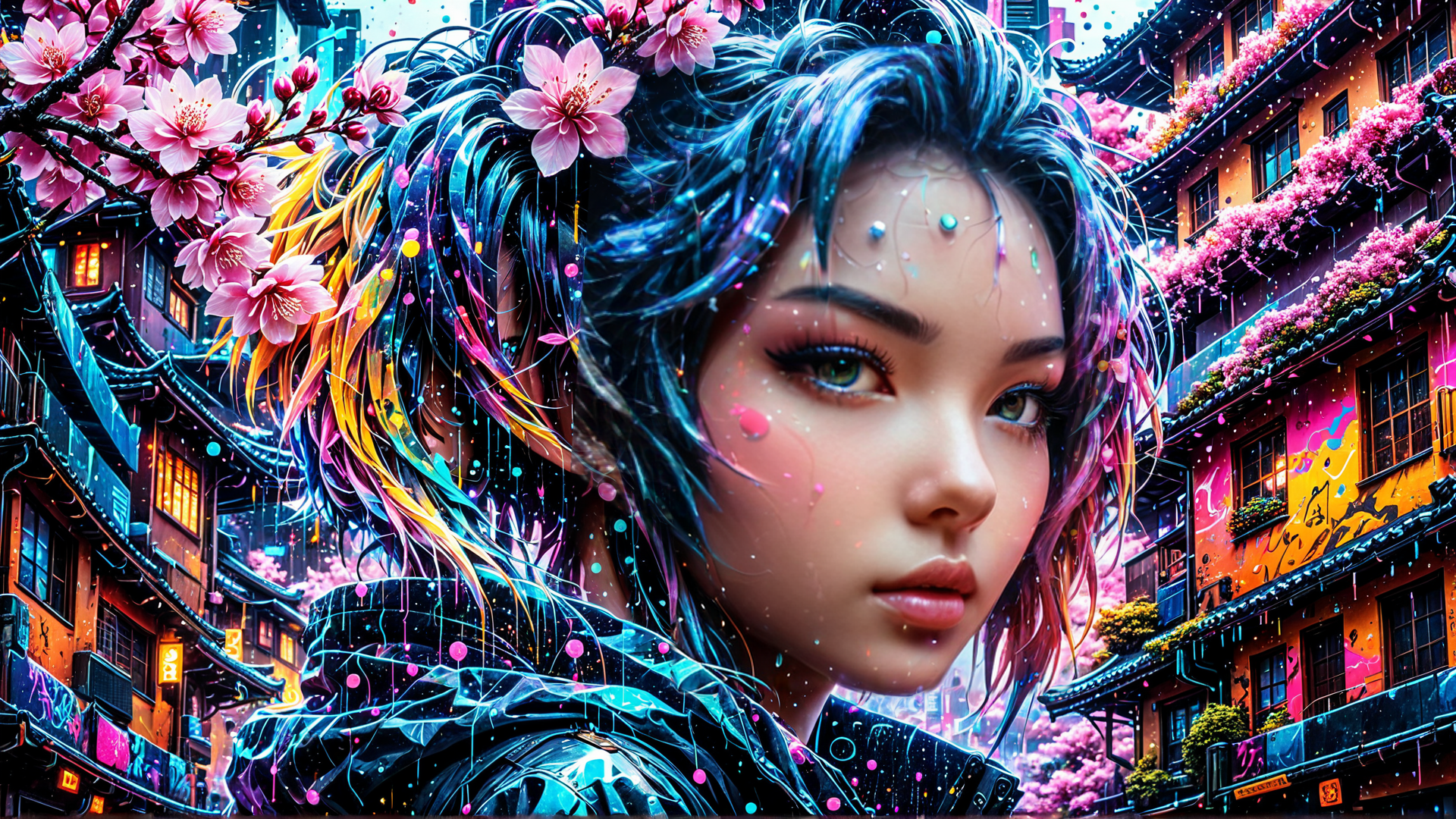 AI generated wallpaper featuring girl, cherry blossoms, city