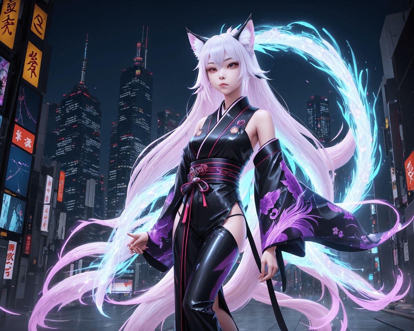 AI generated wallpaper featuring fox girl, anime character, cityscape