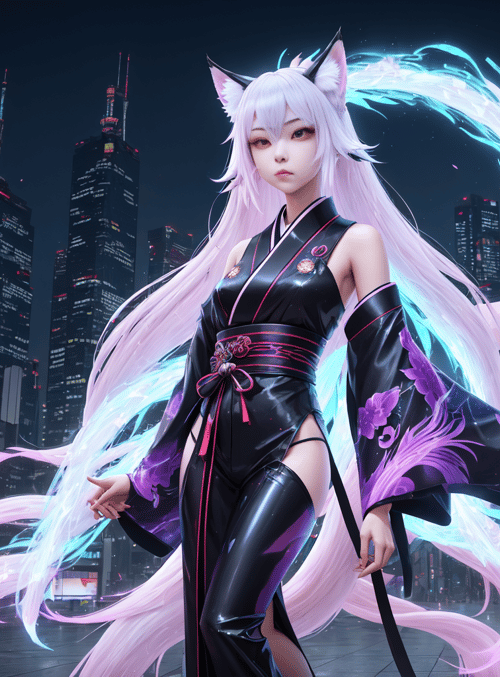 fox girl, anime character, cityscape