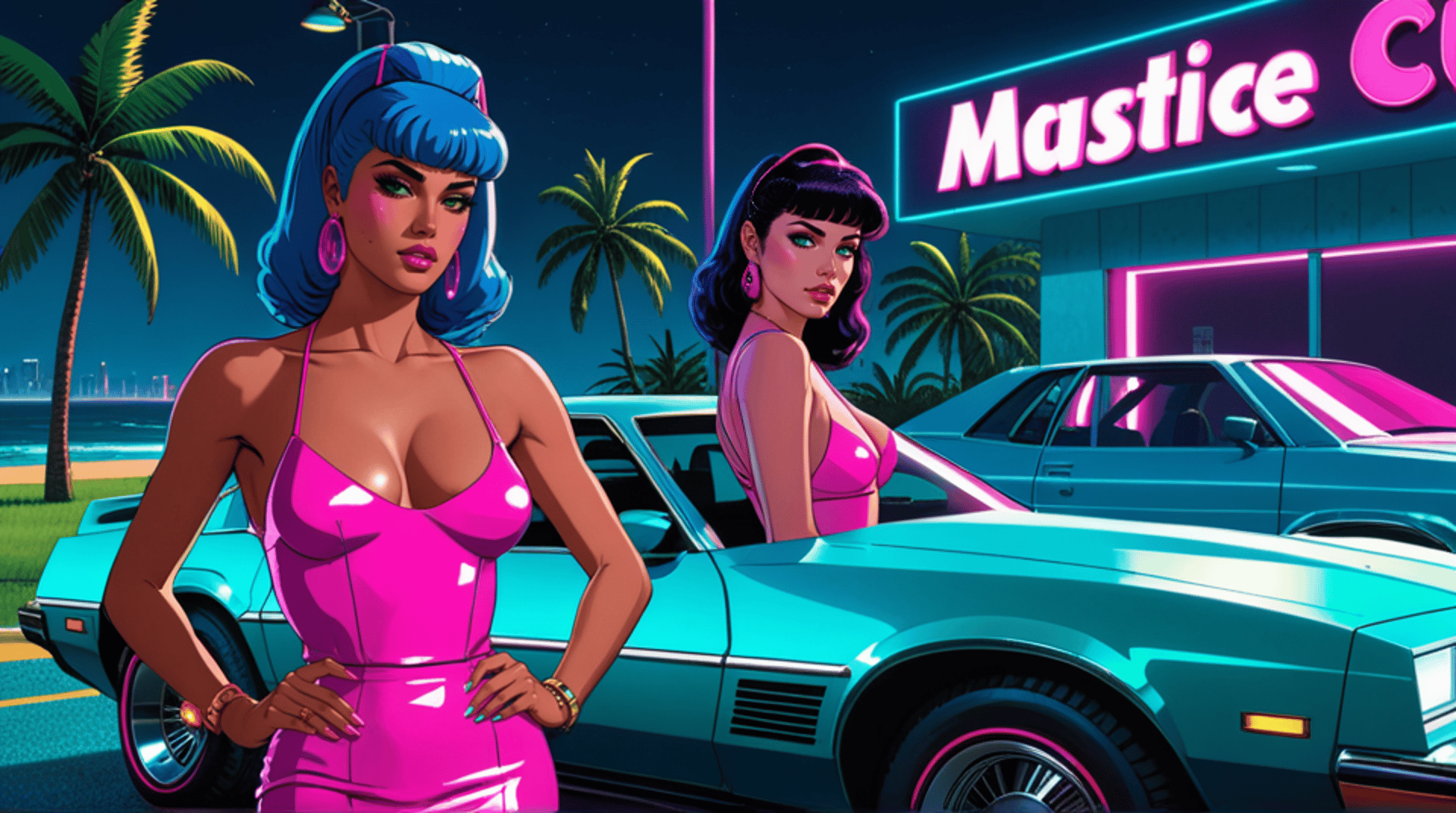 AI generated wallpaper featuring women, cars, neon sign