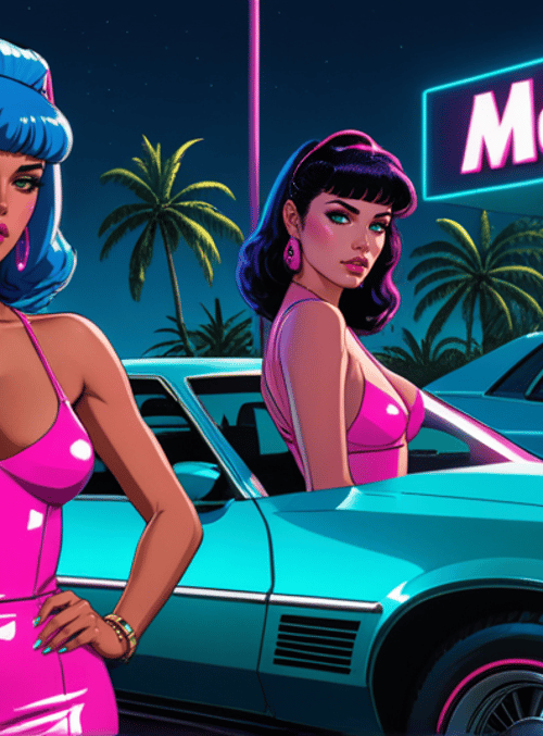 women, cars, neon sign