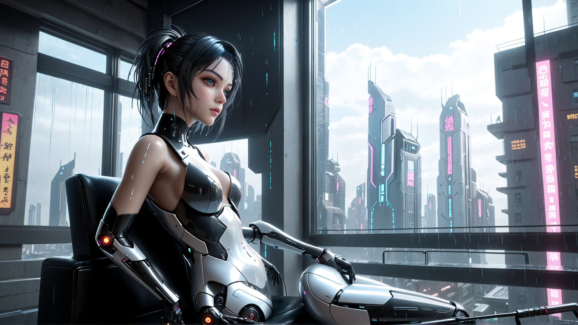 AI generated wallpaper featuring cyborg, woman, cityscape