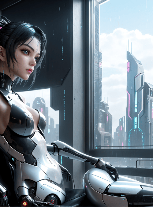 cyborg, woman, cityscape