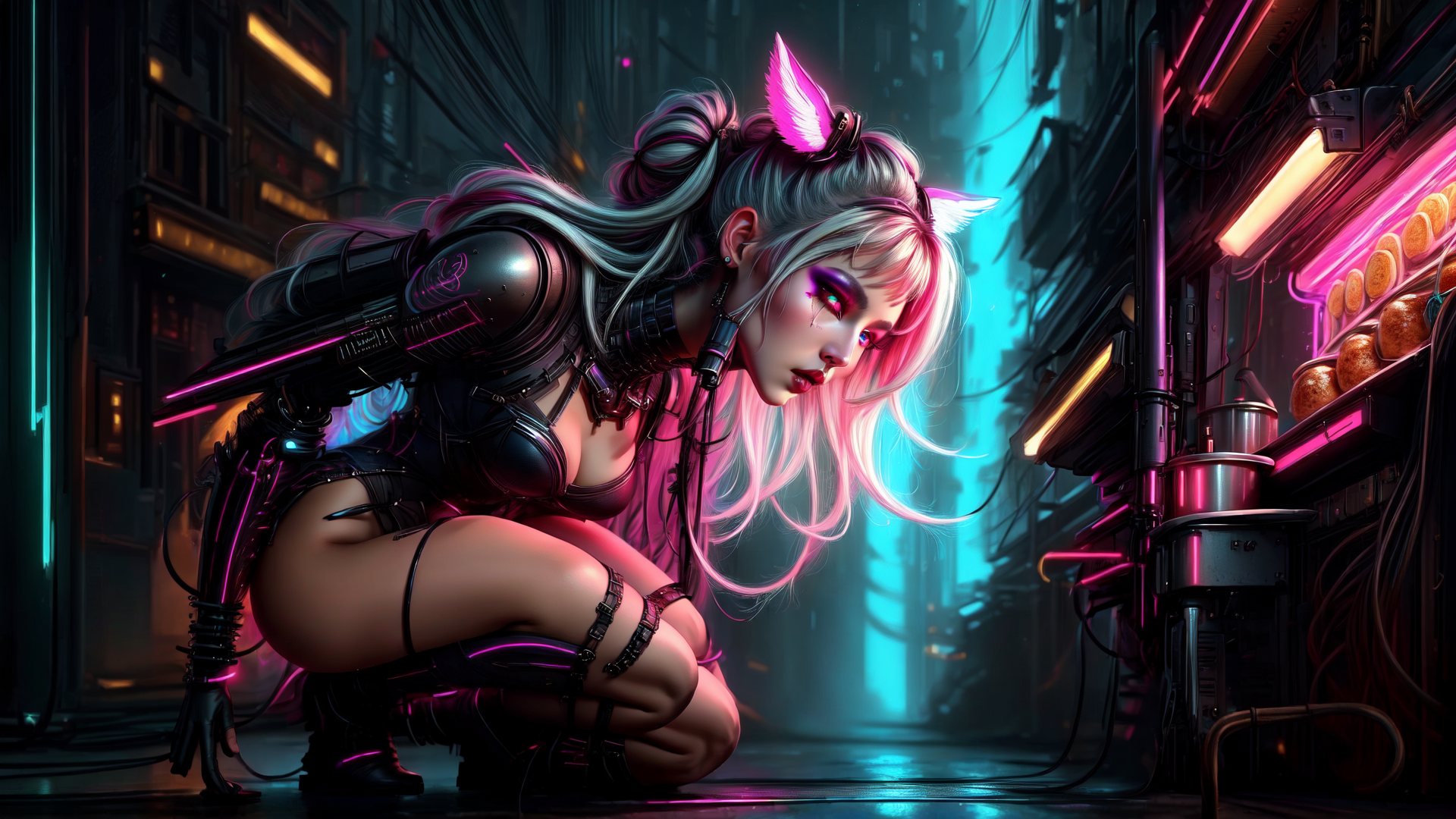 AI generated wallpaper featuring cyborg, girl, neon, street, armor, futuristic, cat ears, city, mechanical, food stall