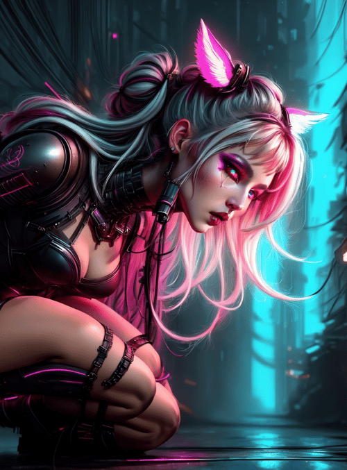 cyborg, girl, neon, street, armor, futuristic, cat ears, city, mechanical, food stall