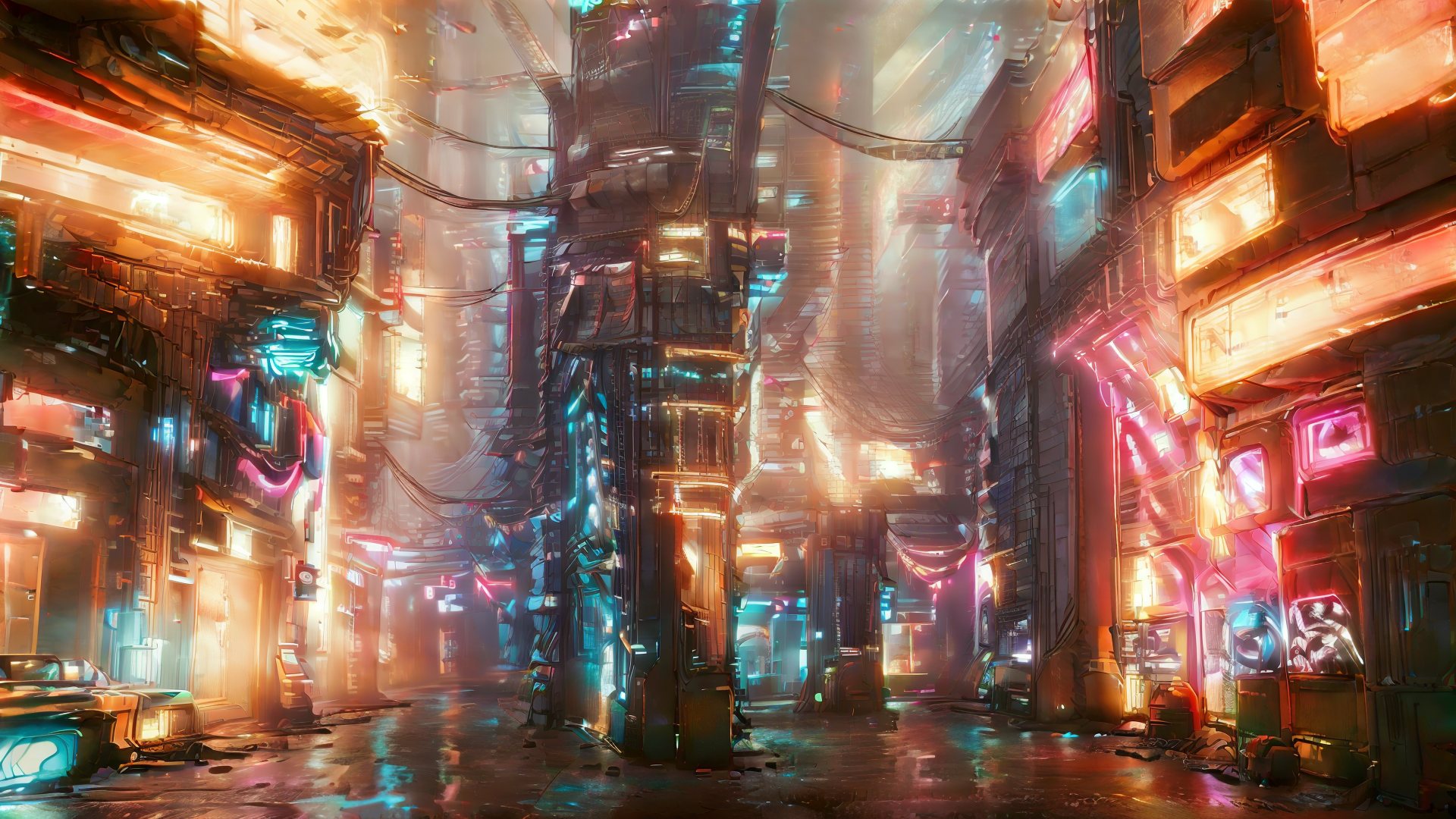 AI generated wallpaper featuring neon, city, street