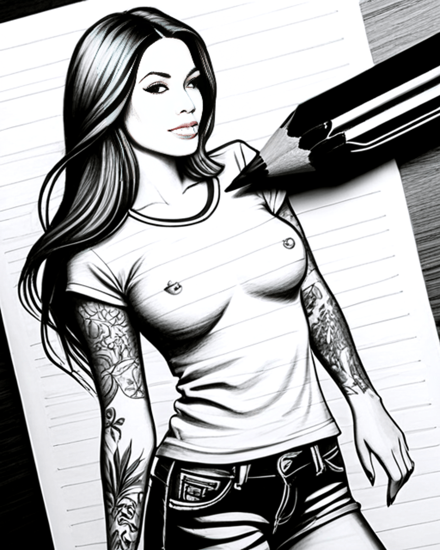 AI generated wallpaper featuring woman, tattoo, pencil, sketch, shirt, jeans, notebook, hair, ink, paper