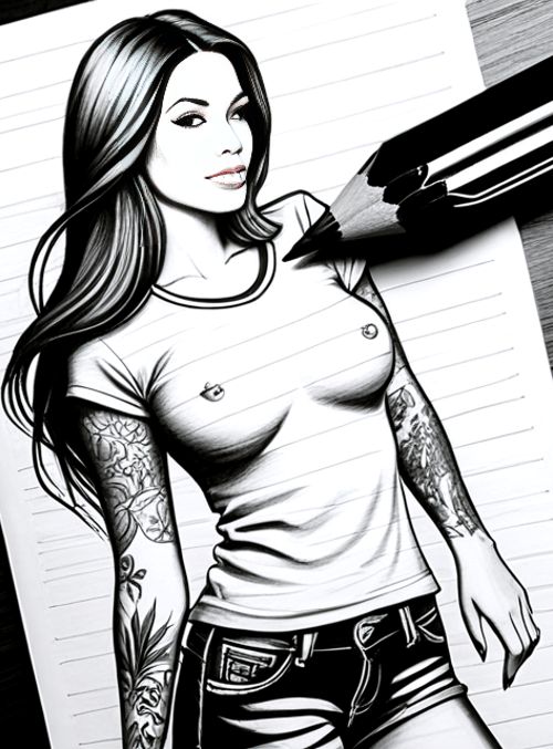 woman, tattoo, pencil, sketch, shirt, jeans, notebook, hair, ink, paper