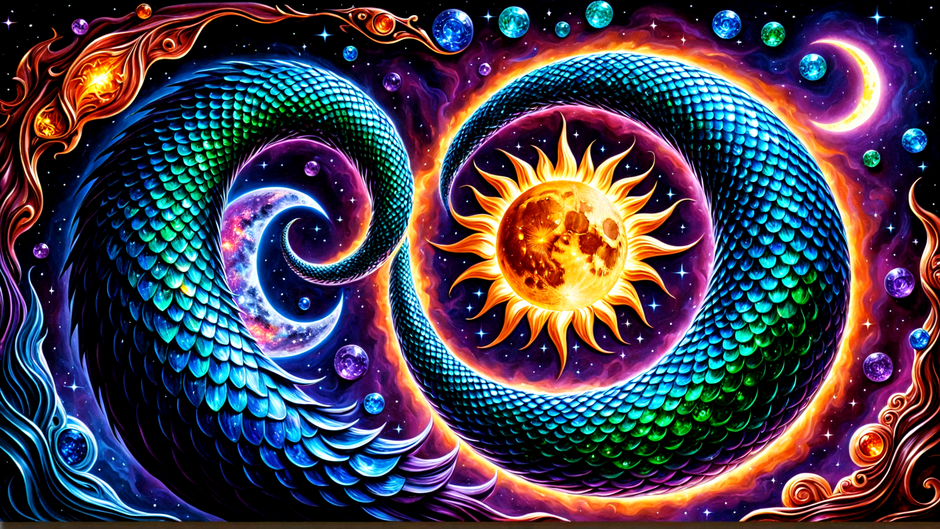 AI generated wallpaper featuring dragon, sun, moon, universe, stars, planets, galaxy