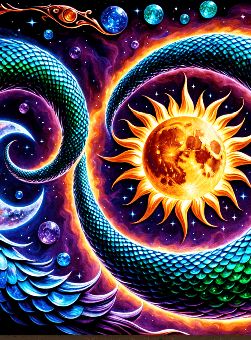 dragon, sun, moon, universe, stars, planets, galaxy