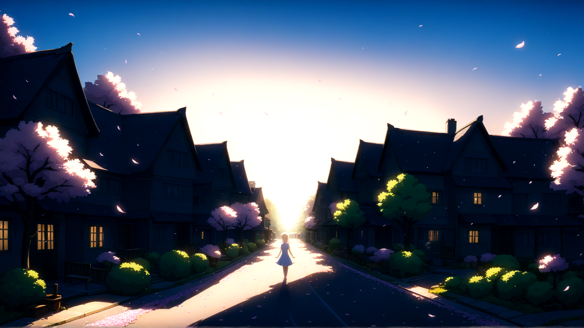 AI generated wallpaper featuring girl, houses, trees