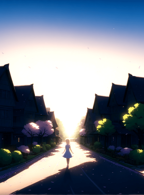 girl, houses, trees
