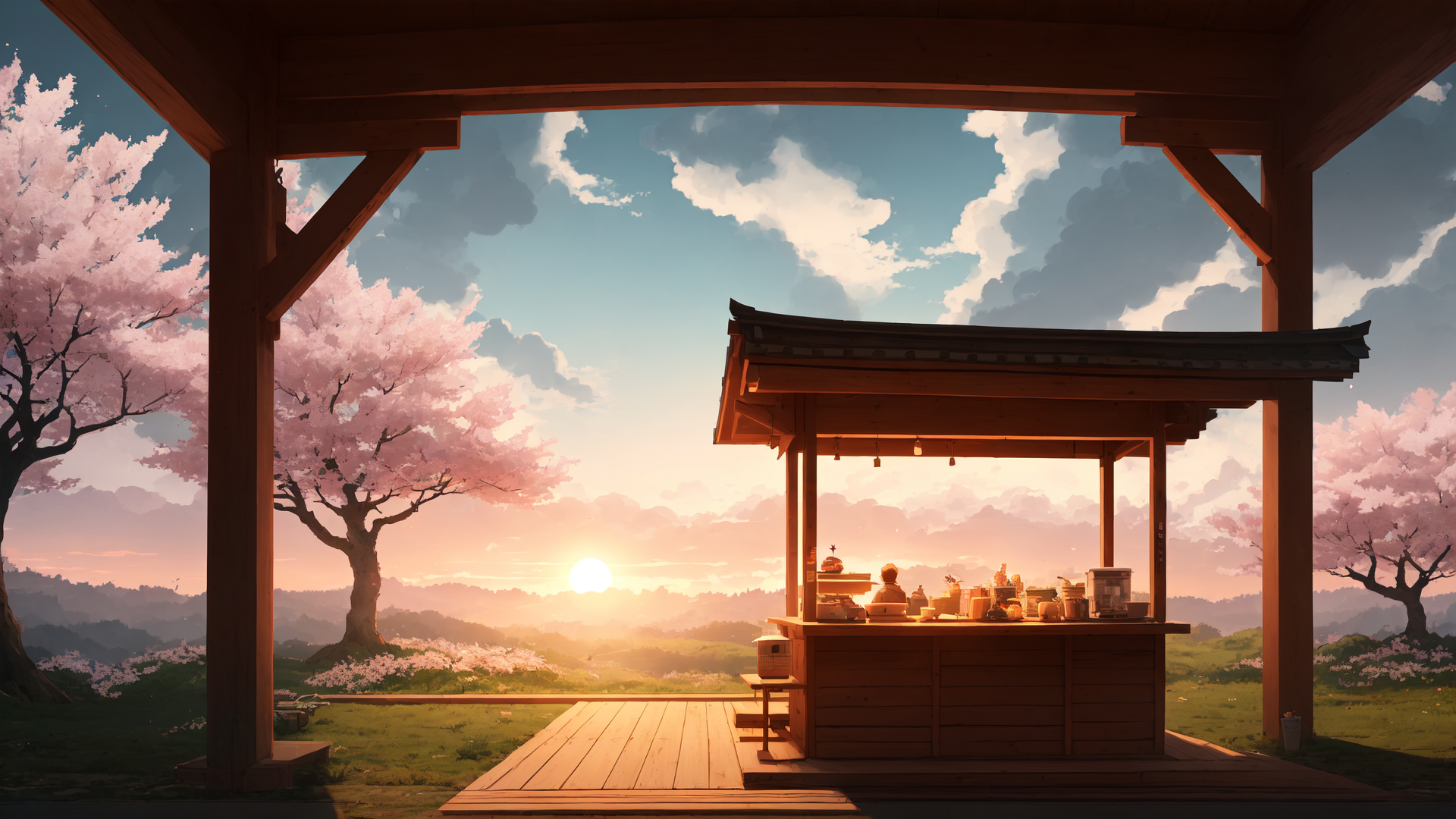 AI generated wallpaper featuring cherry tree, wooden pavilion, sunset, bistro, mountain, cloud, grass, sun, person, bowl