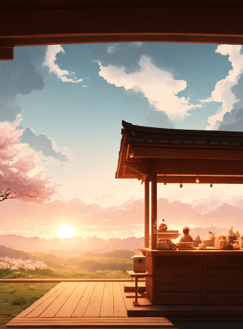 cherry tree, wooden pavilion, sunset, bistro, mountain, cloud, grass, sun, person, bowl