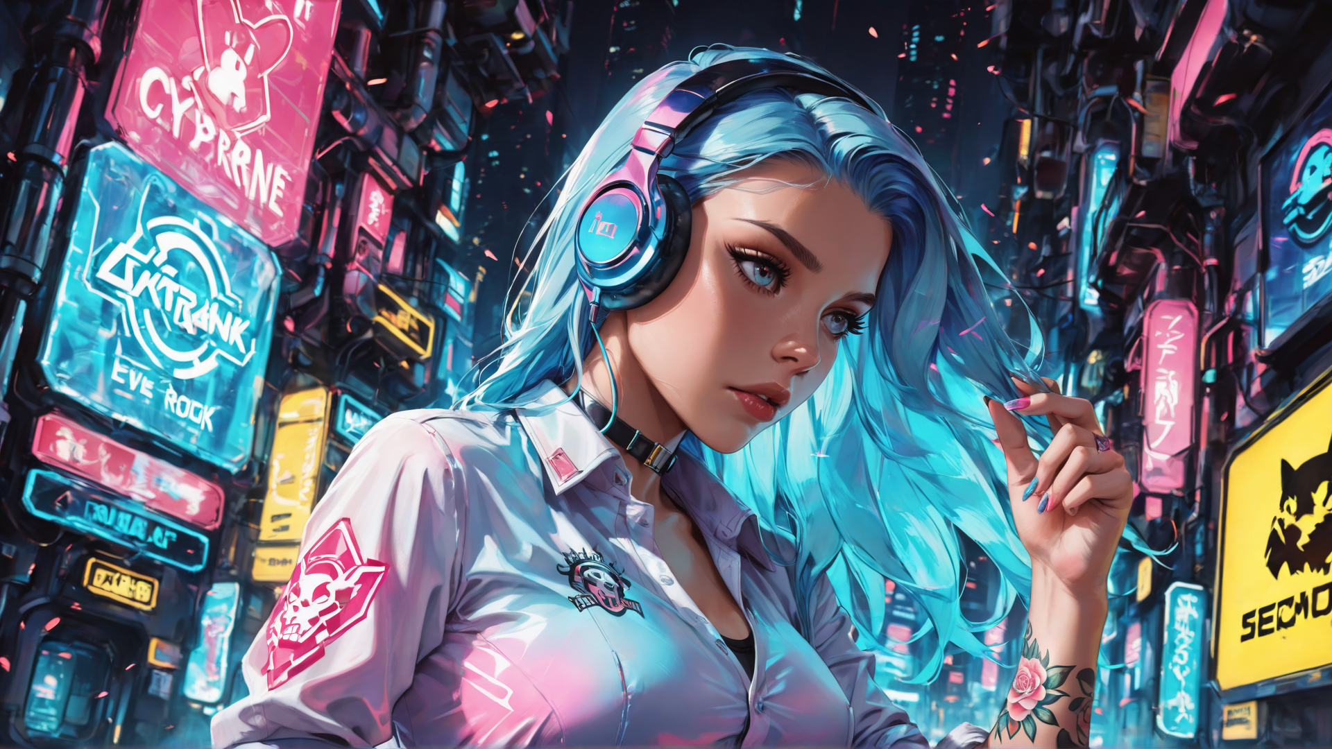 AI generated wallpaper featuring woman, cyberpunk, neon, headphones, tattoo, hair, shirt, signs, cityscape, futuristic