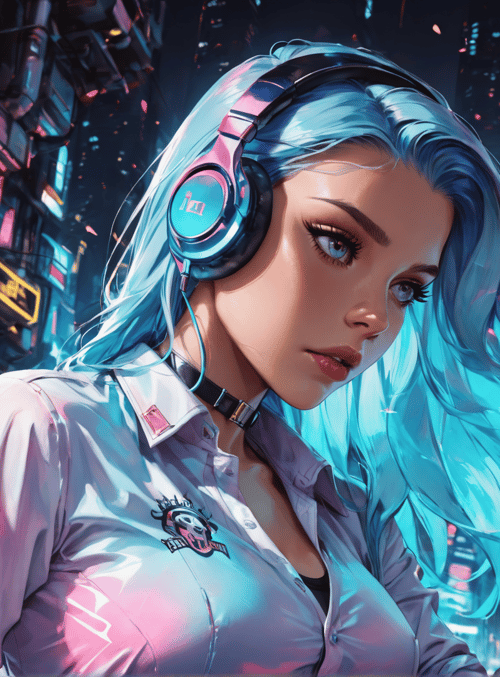 woman, cyberpunk, neon, headphones, tattoo, hair, shirt, signs, cityscape, futuristic