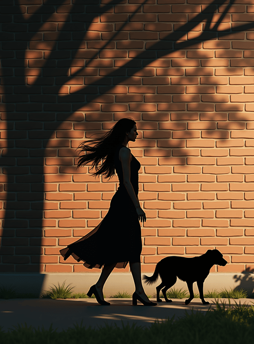 woman, dog, brick wall, shadow, dress, sunset