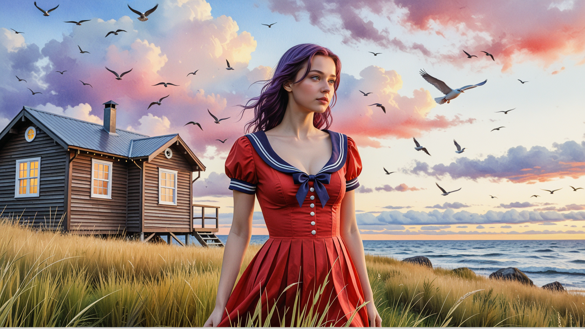 AI generated wallpaper featuring woman, house, seagull, grass, ocean