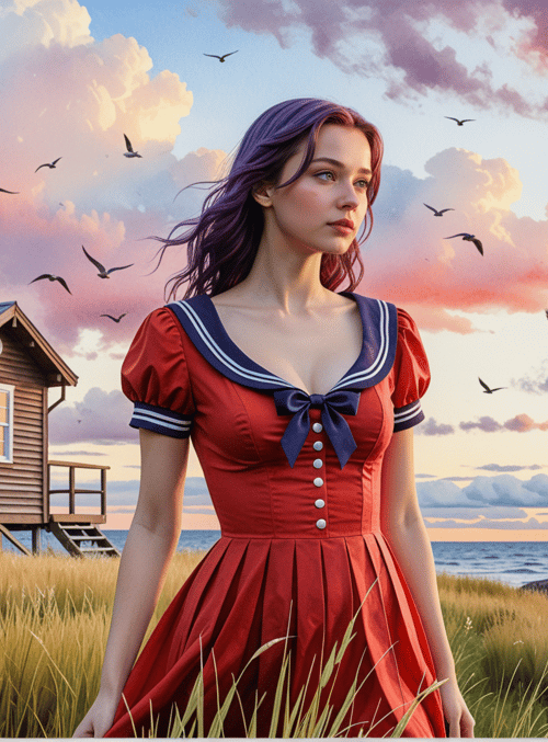 woman, house, seagull, grass, ocean